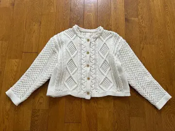 BEAMS BOY 가디건 아란 니트 케이블 짜임 숏 기장 화이트