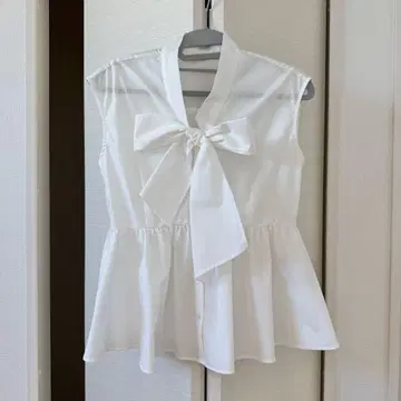 V넥 보우 리본 페플럼 블라우스