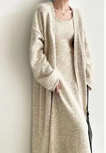 가디건과 니트 원피스 세트 베이지 다크 그레이 레이디 리 스타일