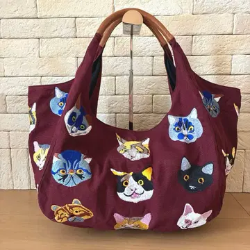 anvai by Creema 자수 색동 고양이 캔버스 x 가죽 토트백