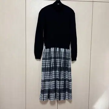 LOUNIE 블랙 니트 체크 롱 원피스