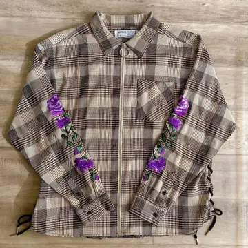 레전드 LEGENDA 로즈 자수 체크 셔츠 블루종 오버 사이즈