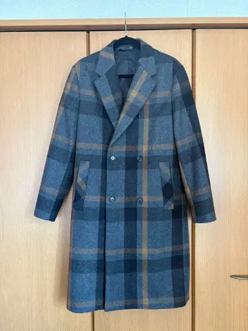 울 혼방 더블 브레스트 롱 코트 그레이 체크