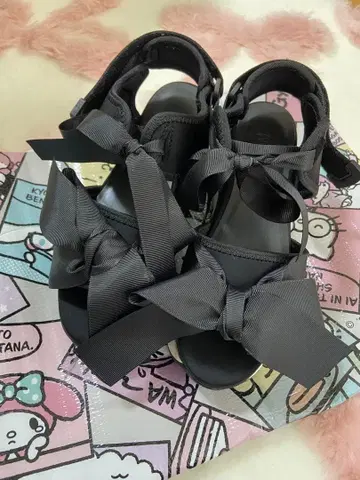 merry jenny 리본 포함 블랙 통굽 샌들