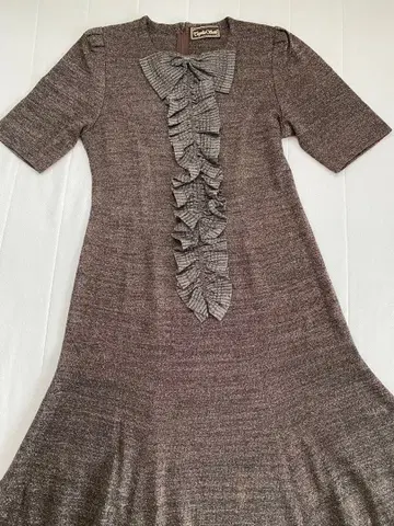 사이토 토세코 프릴 & 리본 브라운 실버 라메 프릴 니트 원피스