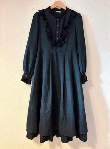 다크 그린 체크 무늬 원피스