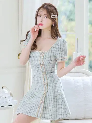 Jewels 스퀘어넥 플리츠 스커트 미니 드레스 S 앨리스 블루