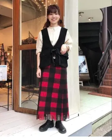 BEAMS BOY 체크 프린지 스커트