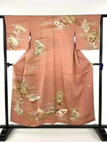 후지이 칸 오렌지 핑크 계열 부채 어소차 금 부품 자수 호몬기