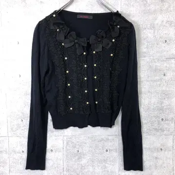 아가씨 걸리시 레이스 장식 새틴 리본 펄 장식 니트 가디건