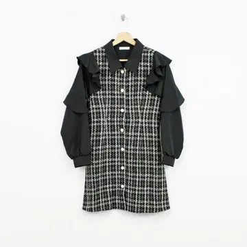 FUN 트위드 프릴 슬리브 원피스 블랙