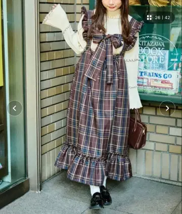 쿠틸 레트로 2WAY 리본 티어드 오버롤 스커트