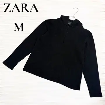 [ ZARA ] 긴팔 리브 니트 후드 부착 하프 지퍼 블랙 울 혼방 M