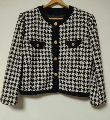 쇼와 레트로 하운드투스 패턴 노카라 자켓 버블 골드 버튼