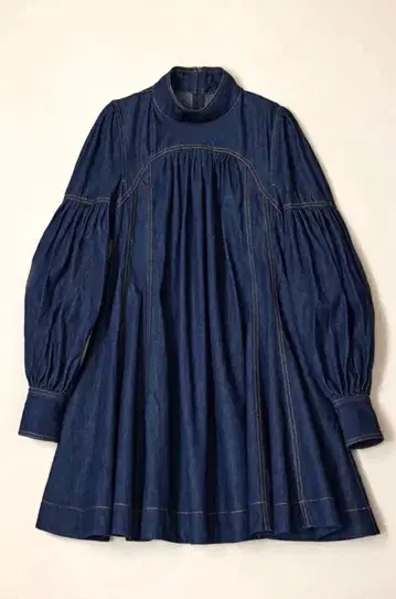 다크 블루 긴팔 무릎 기장 원피스 허리 벨트 포함