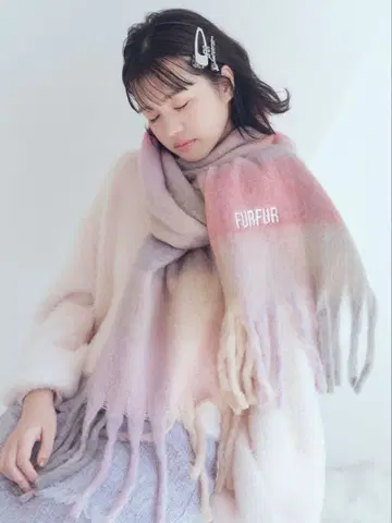 FURFUR (퍼퍼) 로고 자수 블록 체크 프린지 스톨 핑크