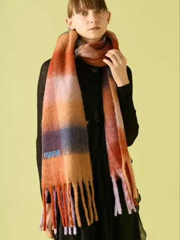 FURFUR 로고 자수 블록 체크 프린지 스톨 오렌지