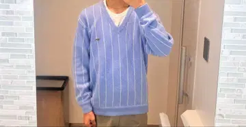 70s 중기 Lacoste 스카이블루 스트라이프 V넥 니트
