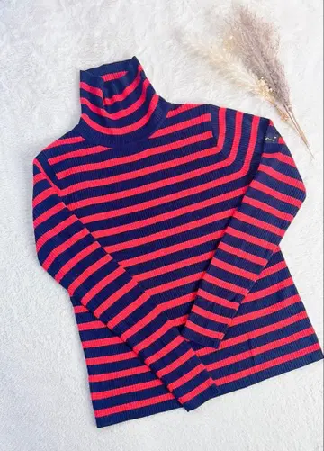 Sandie 보더 하이넥 긴팔 네이비 x 레드 신축성 가을/겨울