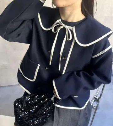 세일러 자켓 코트 파이핑 리본 노카라 코트 네이비 네이비