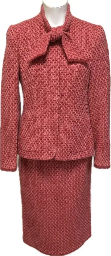 새상품급 레나랑게 울 캐시미어 트위드 스커트 수트 짙은 살몬 핑크 40