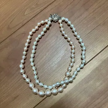 몇 회 착용만 한 펄 이중 목걸이 스톤 포함 핑크 코튼 펄