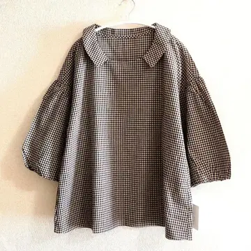 새상품 Myclo 마이크로 깅엄 체크 스모크 블라우스 볼륨 소매