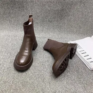 새상품 소가죽 브라운 통굽 사이드 고어 부츠