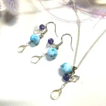 고품질 라리마, 보석질 화이트 토파즈, 탄자나이트 귀걸이 목걸이 세트