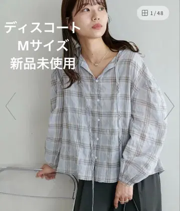 디스코트 M 사이즈 그레이 스카이블루 체크 셔츠 앞 리본