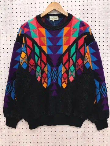 레트로 올드 구제 의류 컬러풀 기하학 패턴 자카드 니트 스웨터