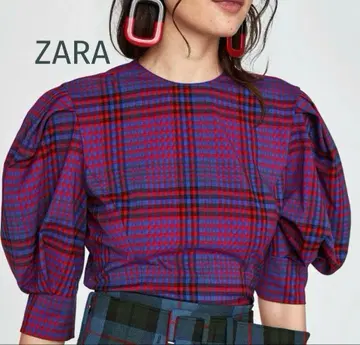 새상품급 자라/ZARA 체크 무늬 볼륨 소매 블라우스