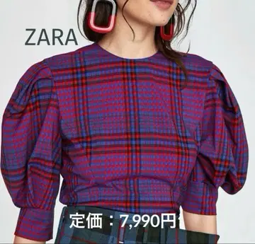 새상품급 자라/ZARA 체크 무늬 볼륨 소매 블라우스