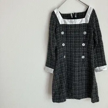 더블 버튼 새틴 옷깃 긴팔 원피스 [ F ]