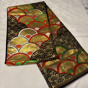 후쿠로 오비 부채 무늬 골드 컬러 블랙 빨간색 그린