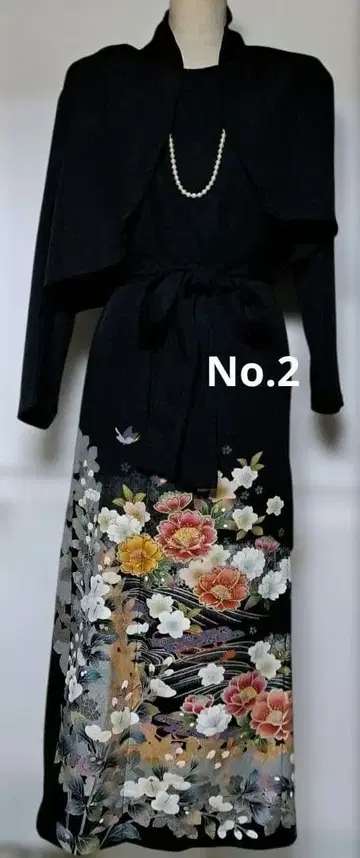 블랙 전통 예복 기모노 리메이크 볼레로 포함 롱 드레스 꽃무늬 자수