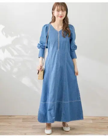 써니 라벨 V넥 핏 데님 드레스 원피스 긴팔 롱 원피스
