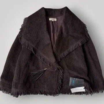 미사용 알파카 울 프린지 코트 판초 숄 브라운