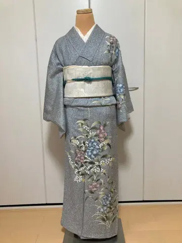 블루 그레이 꽃무늬 호몬기 이중 기모노