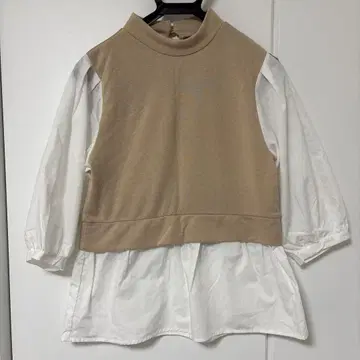 베이지/화이트 하이넥 셔츠 M