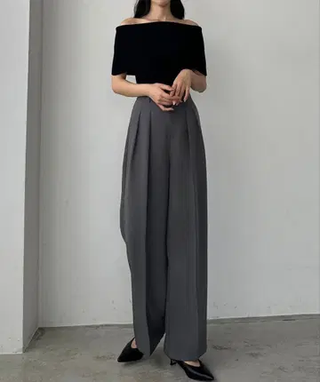 Louere 투 턱 슬랙스 와이드 팬츠 다크 그레이 S