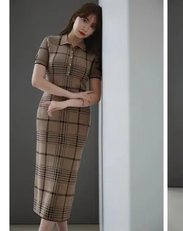 Gold-Buttoned Plaid Knit Dress