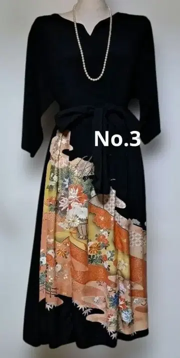 블랙 전통 예복 기모노 리메이크 꽃무늬 원피스 드레스 허리 리본 포함