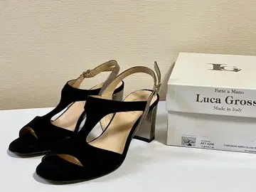 23.5cm 블랙 골드 이탈리아제 샌들 가죽 힐 7cm