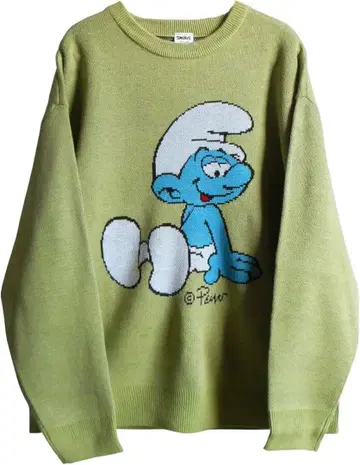 스머프 자카드 니트 스웨터 남녀 공용 빅 사이즈 루즈핏 L