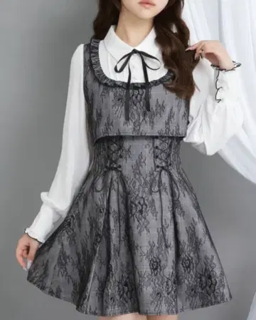 [유메텐보] 요크 프릴 레이스업 셋업풍 도킹 원피스 black