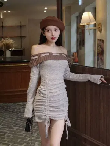 다리치 리본 셔링 미니 원피스