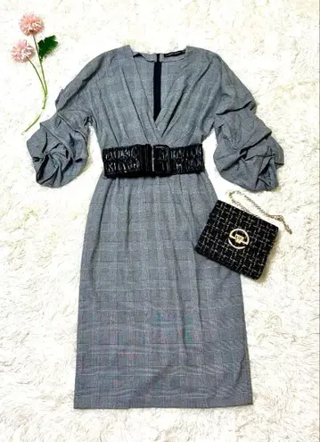 3. ZARA 그레이 체크 무늬 벌룬 슬리브 원피스 긴팔 M