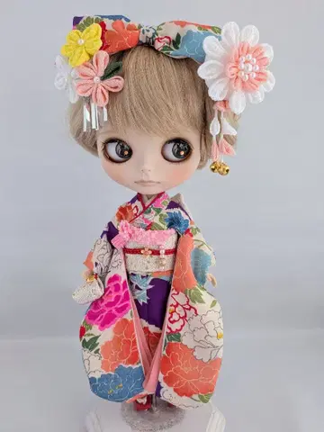 브라이스 기모노 순수 실크 후리소데 세트 보라색