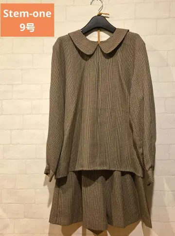 [ 미사용에 가까운 ] Stem-one 브라운 체크 카라 부착 셋업